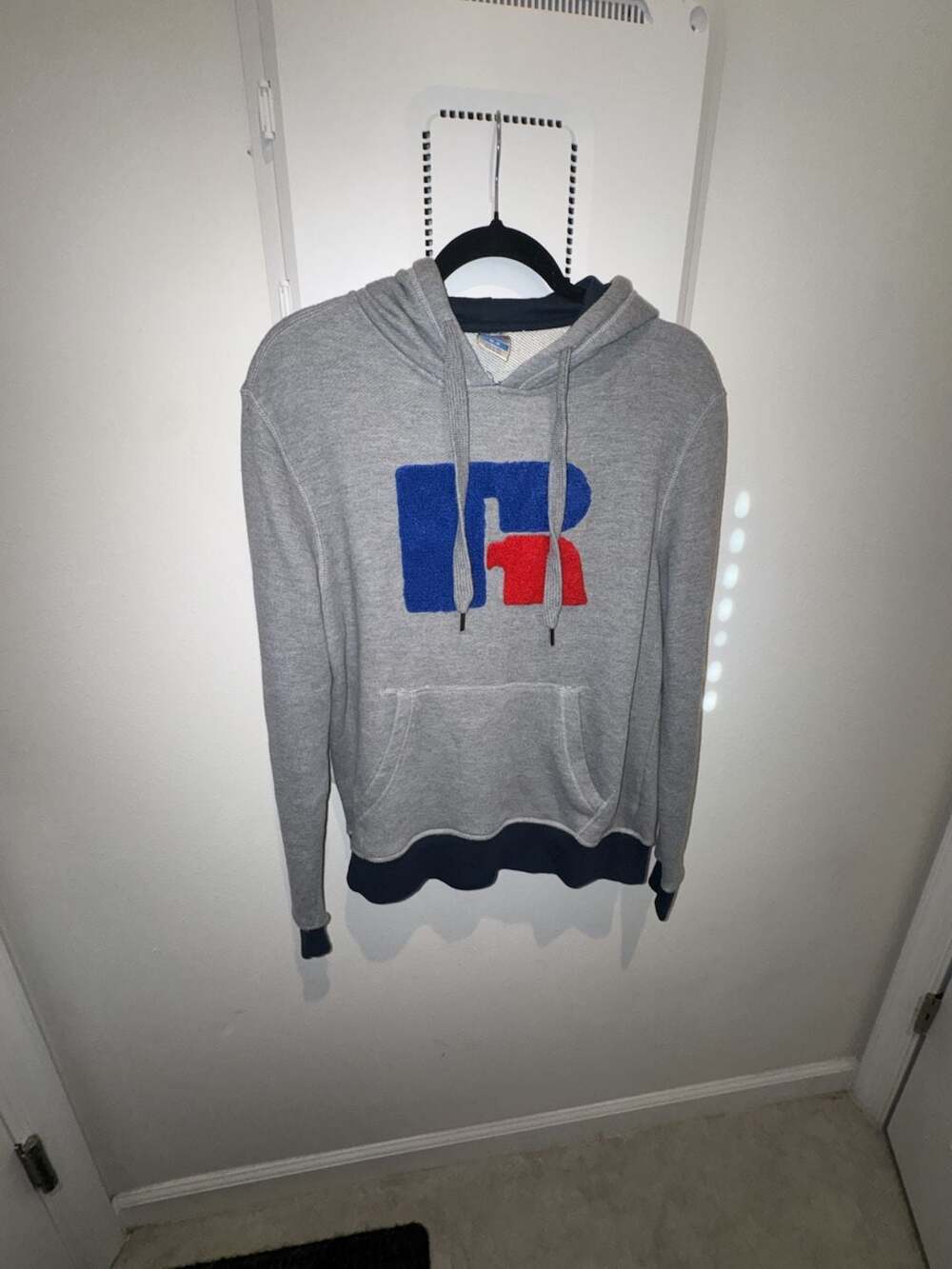 Russell Athletic Gray Hoodie with Flocked Blue and Red Logo Patch Size M